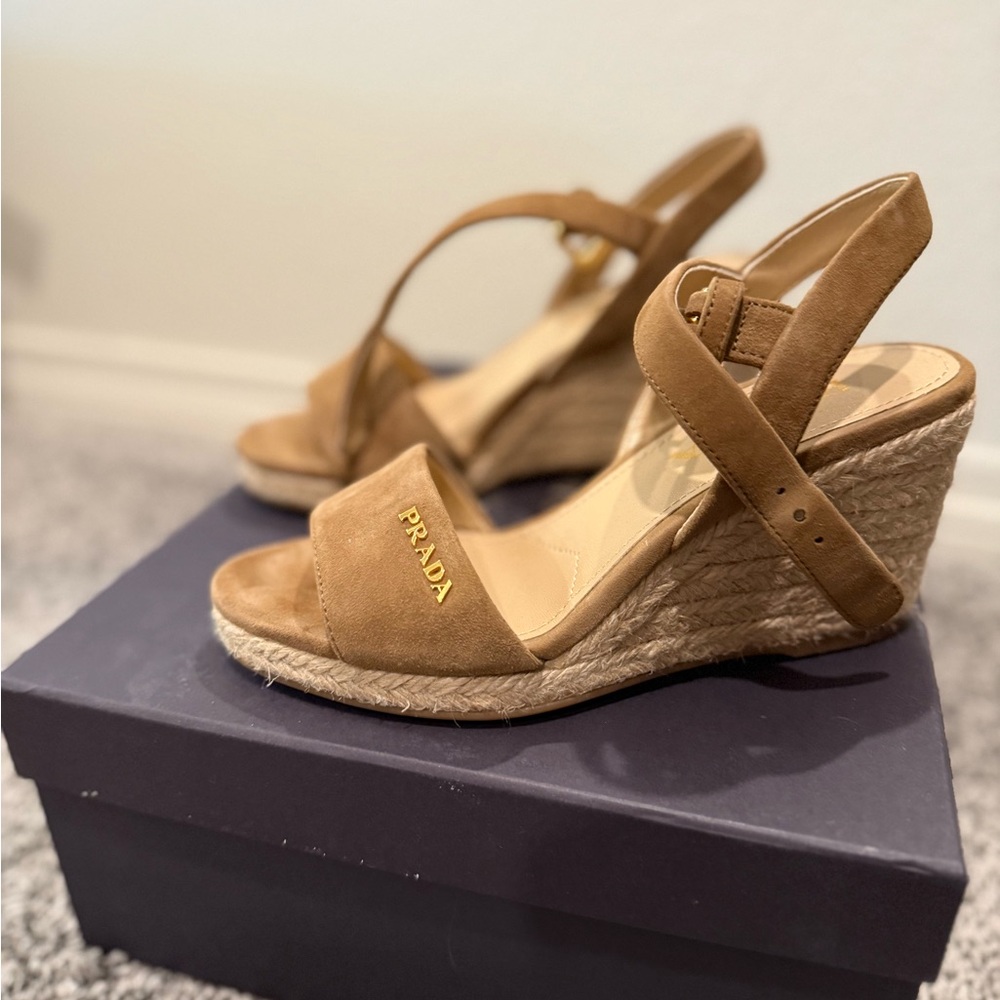 Prada Tan Suede Wedge Sandals - Picture 3 of 5